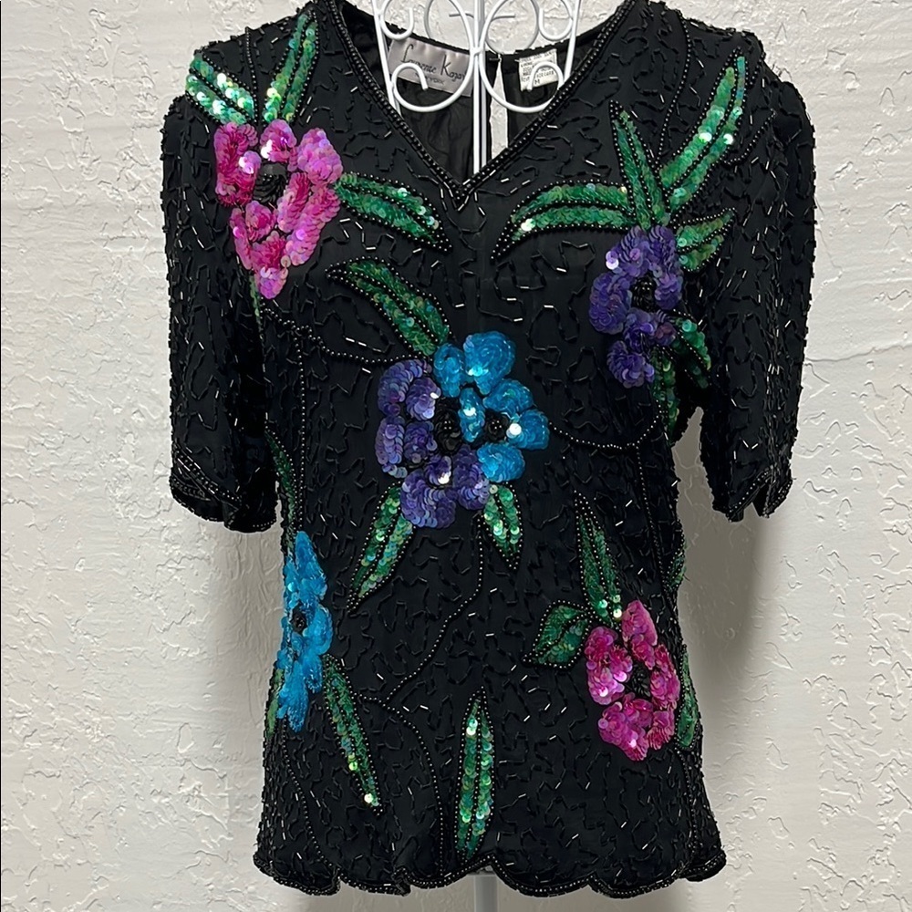 Laurence Kazar New York Black Pink Blue Purple Sequin Glamour Top 80s Vintage